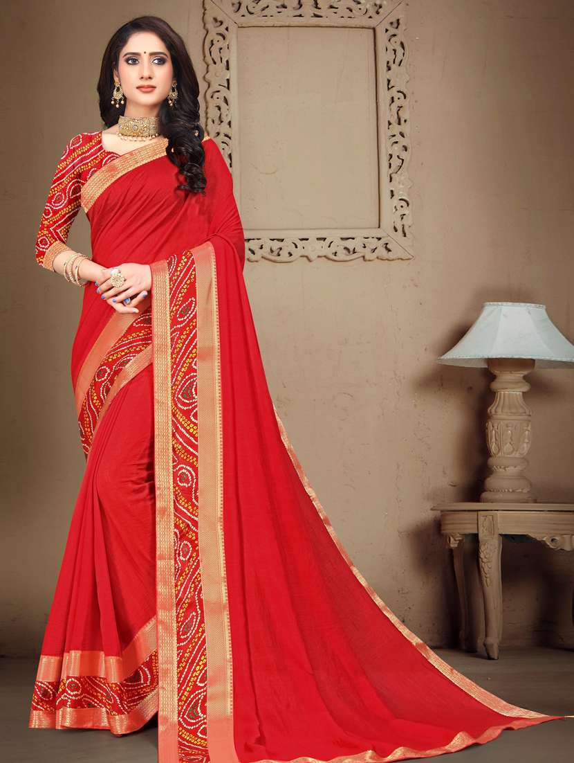 women's bordered red colored saree with blouse