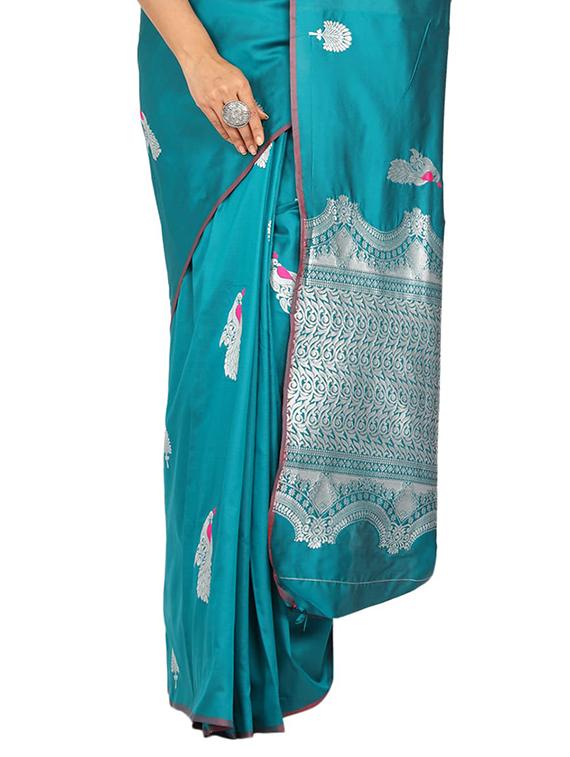 turquoise silk blend banarasi saree with blouse - 17553895 - Standard Image - 2