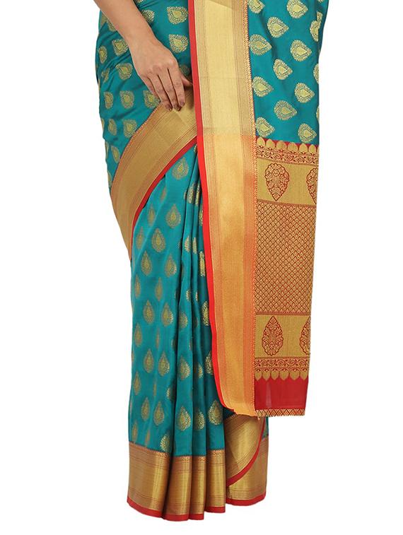 turquoise silk blend banarasi saree with blouse - 17553912 - Standard Image - 2