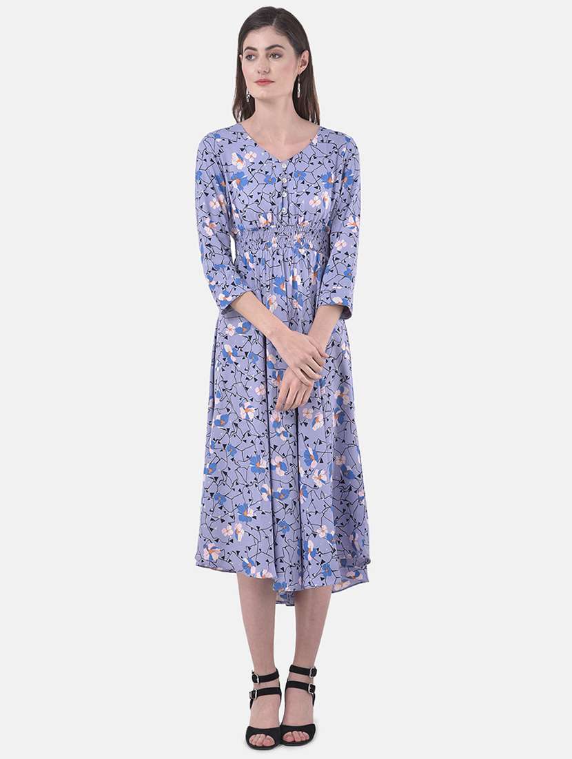 smocked waist abstract fit & flare dress