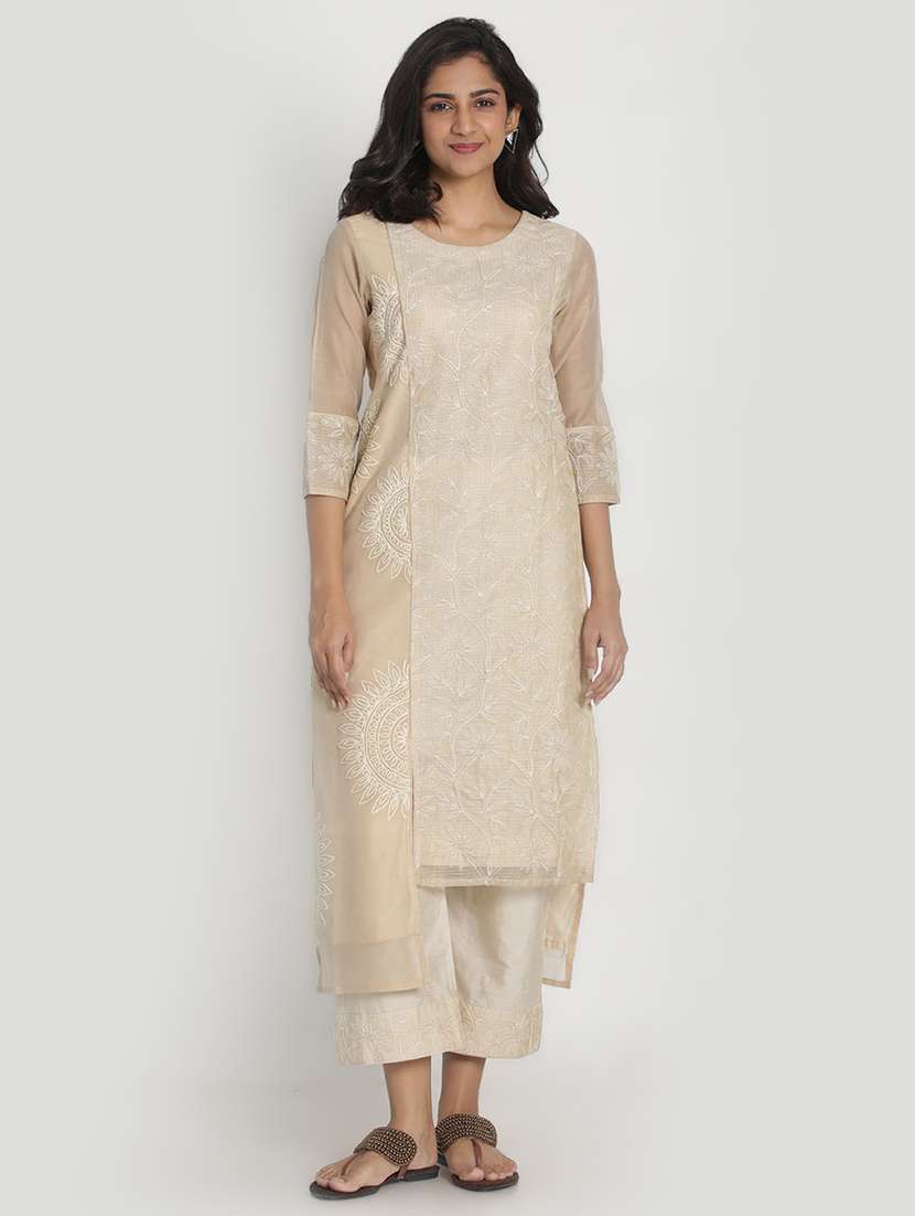 beige chanderi kurta pant  set