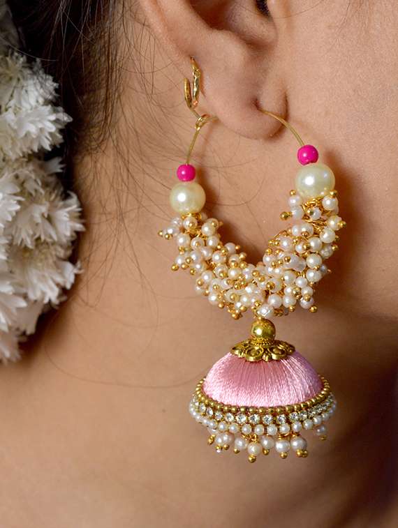 pink cotton blend jhumka earring