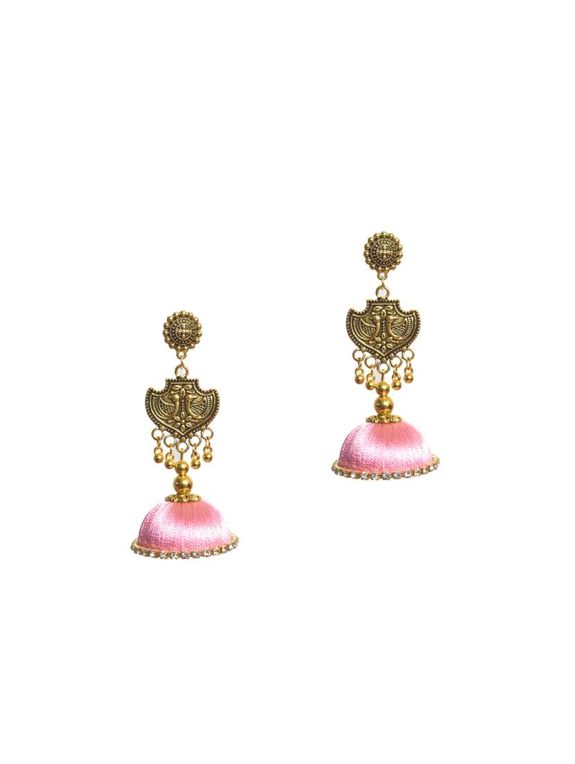 pink cotton blend jhumka earring