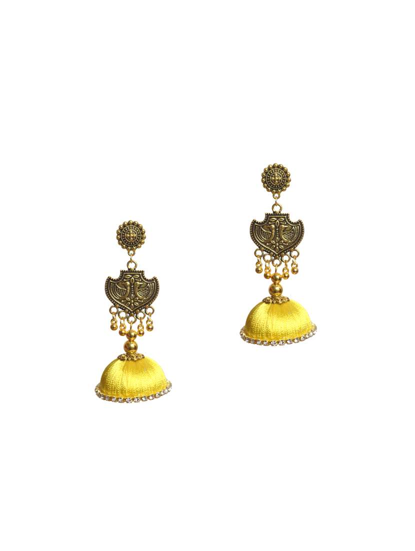 yellow cotton blend jhumka earring