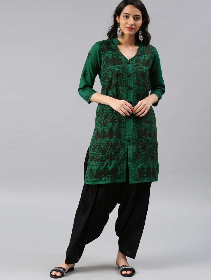 green cotton straight kurta