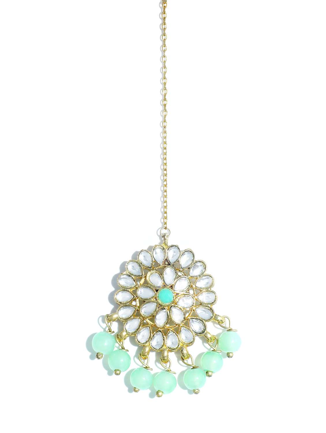 green metal maang teeka with earring set - 17562776 - Standard Image - 2