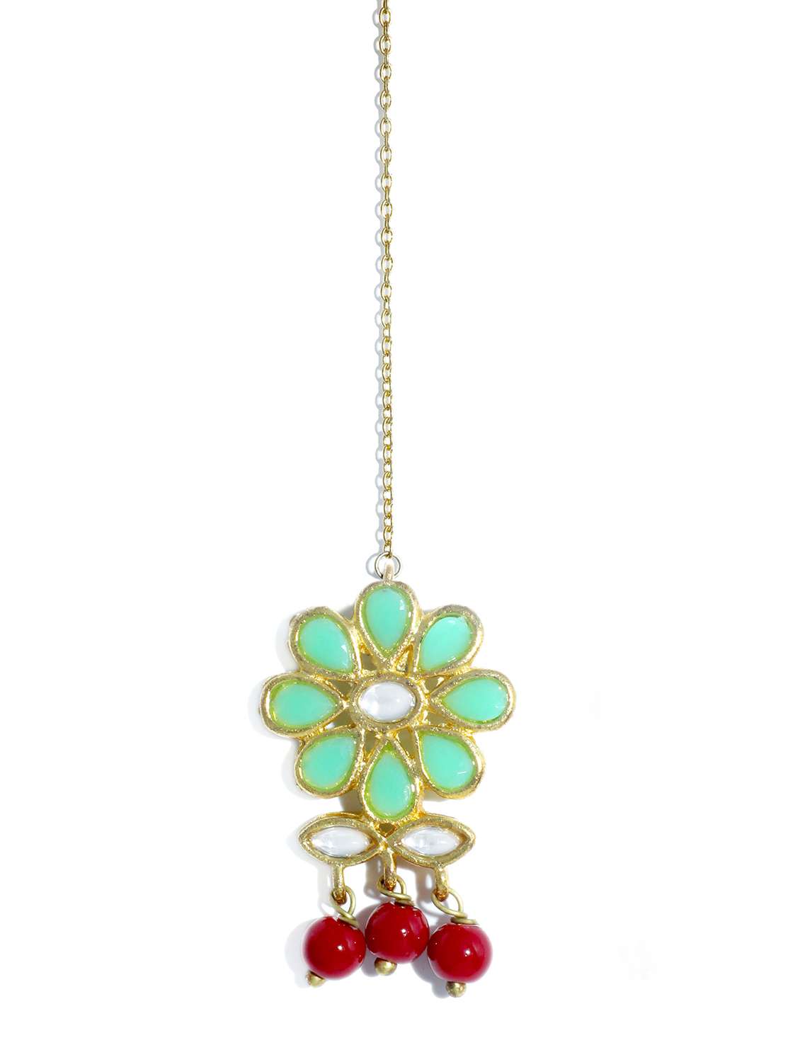 green metal maang teeka with earring set - 17562780 - Standard Image - 2