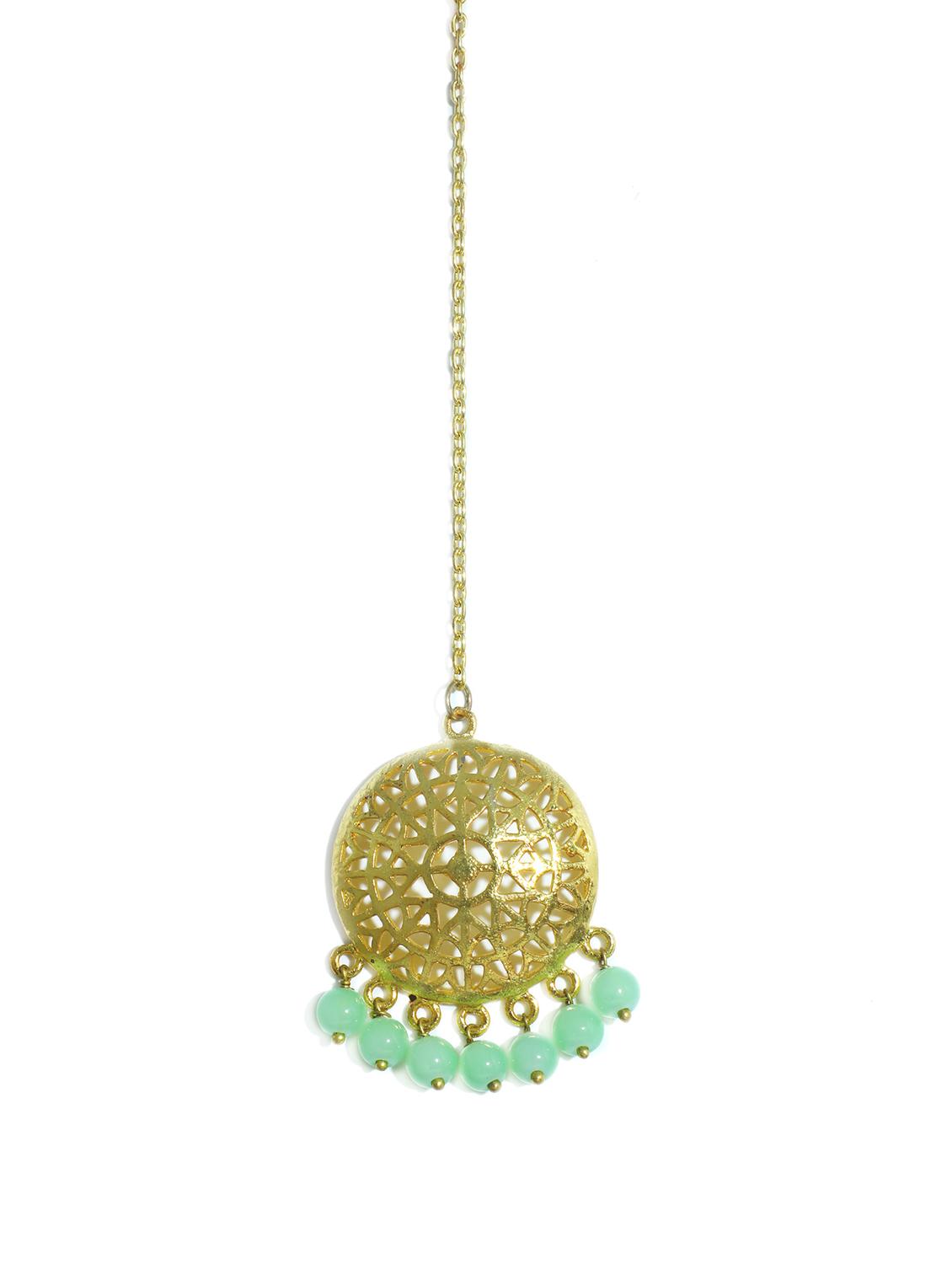 green metal earring and maang tikka set - 17562806 - Standard Image - 2