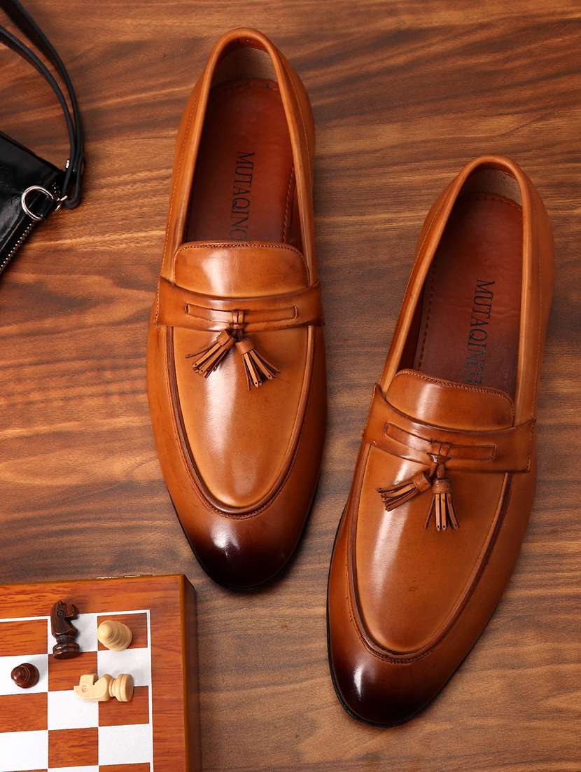 tan patent leather slip on loafers