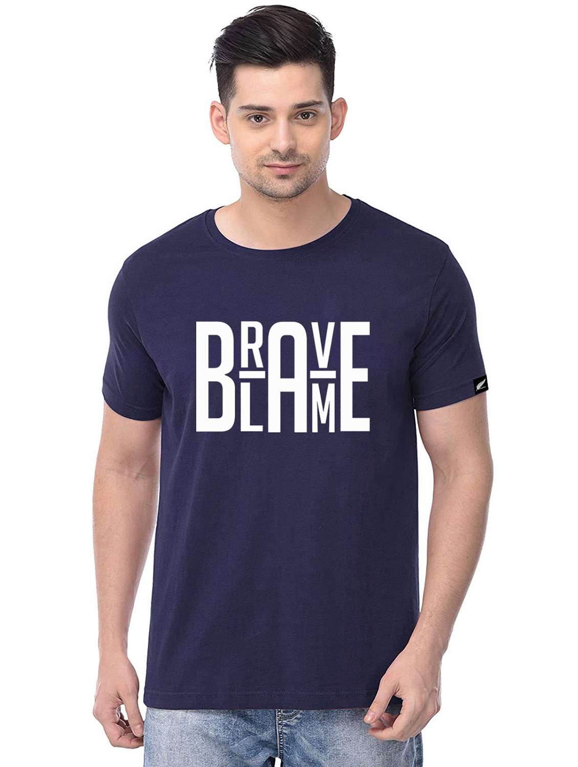 men navy blue chest print t-shirt 