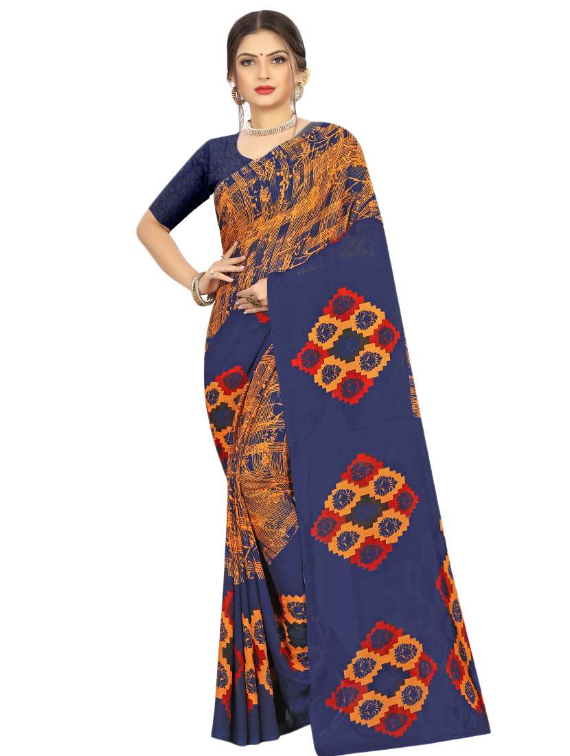 women's geometric navy blue colored saree with blouse