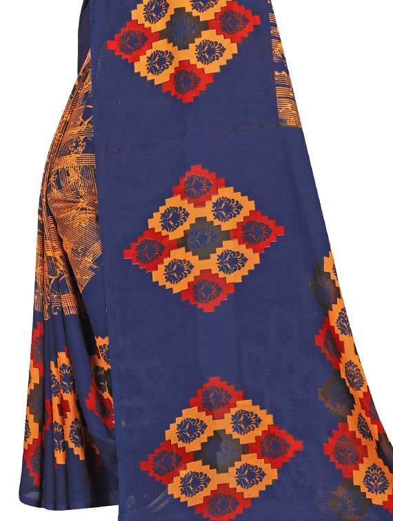 women's geometric navy blue colored saree with blouse - 17563676 - Standard Image - 2