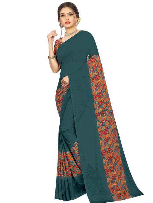 women's floral teal colored saree with blouse - 17563804 - Standard Image - 0