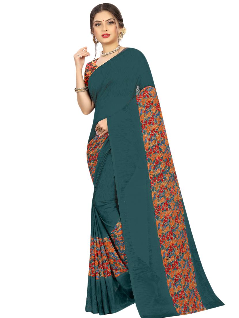 women's floral teal colored saree with blouse - 17563804 - Zoom Image - 0