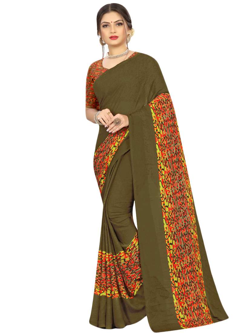 women's printed mehandi colored saree with blouse