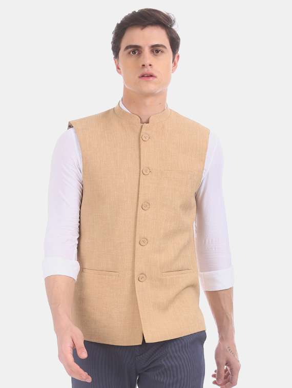 beige solid nehru jacket