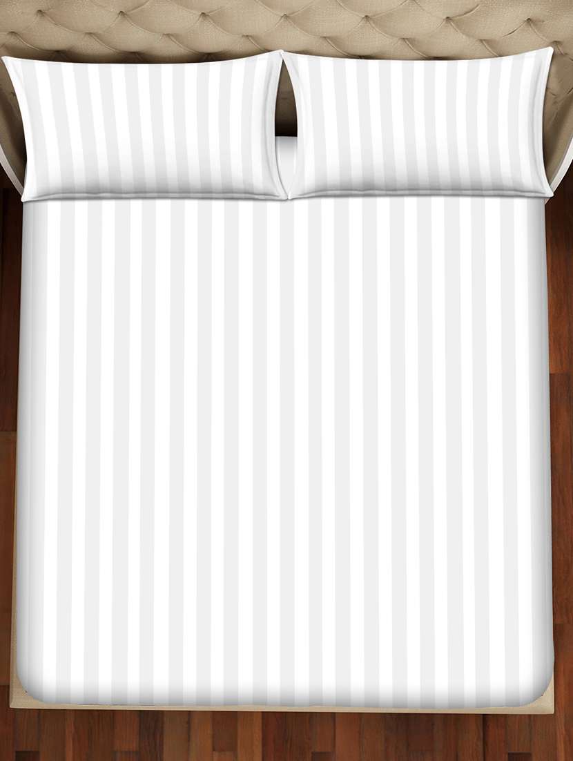 Cosmo Stripes Double Bedsheet Set Super King Size 210 Tc White Colour