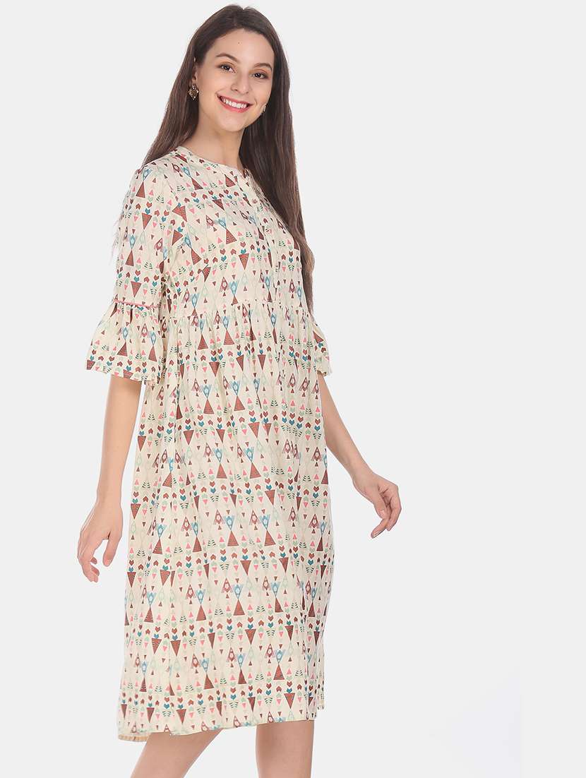 bell sleeved printed a-line dress