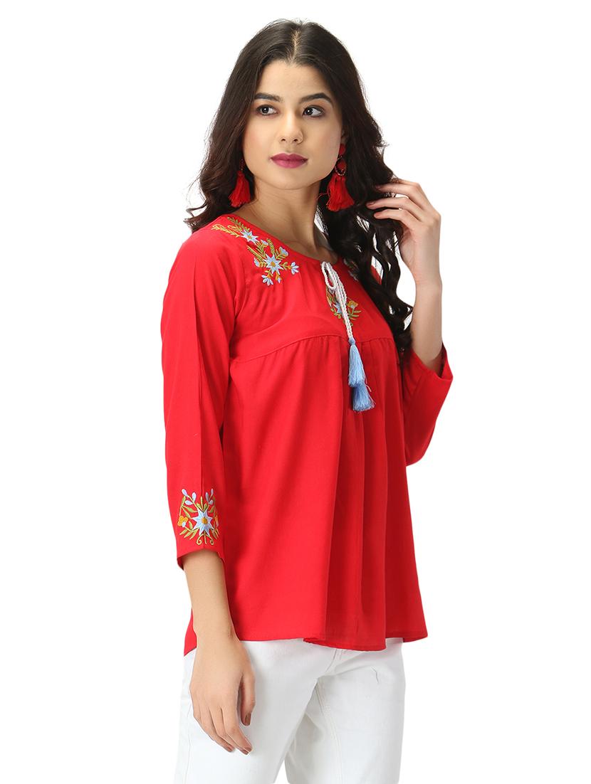 tie up neck floral embroidered top - 17582171 - Standard Image - 2
