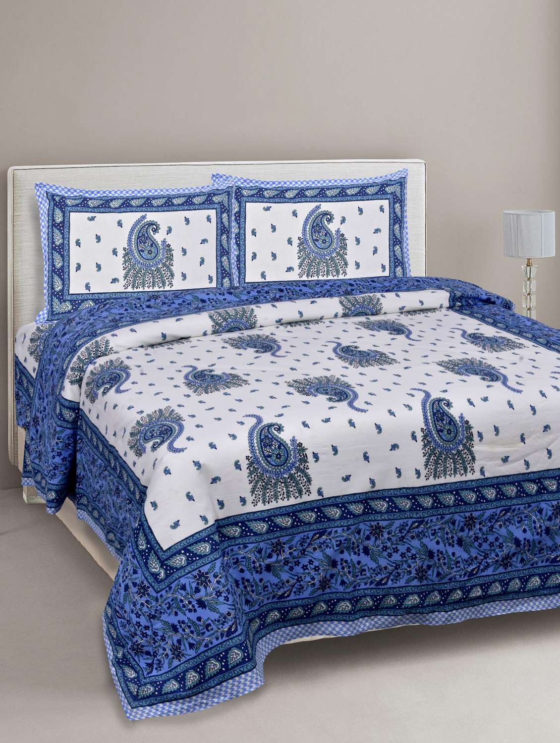 jaipurfabric cotton jaipuri double bedsheet with 2 pillow coverblue pageant paisley king size/90x 108-inch
