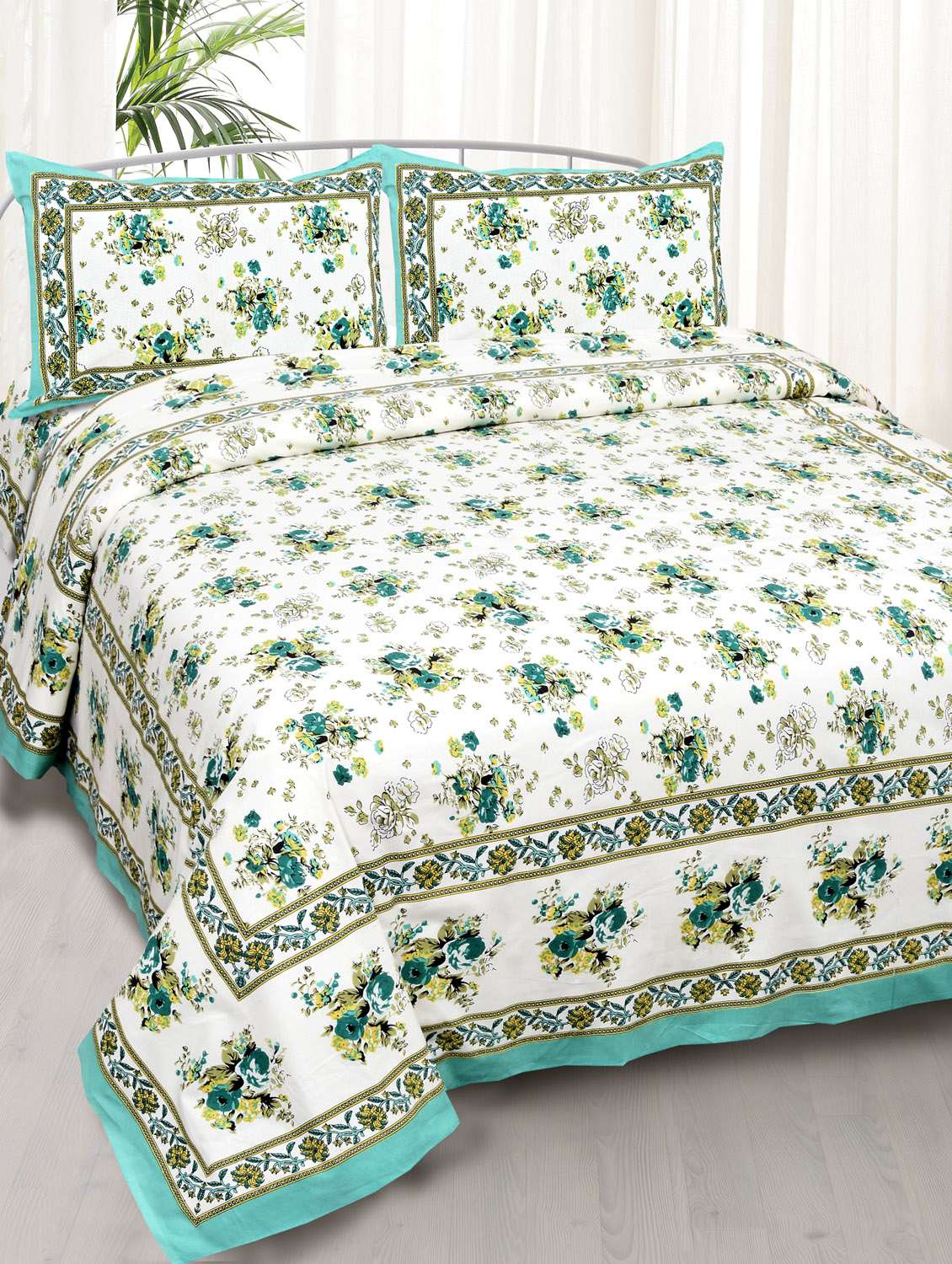 jaipurfabric jaipuri print cotton bedsheet with two pillow covers king size 210 tc seagreen bunch of flowers double bedsheet