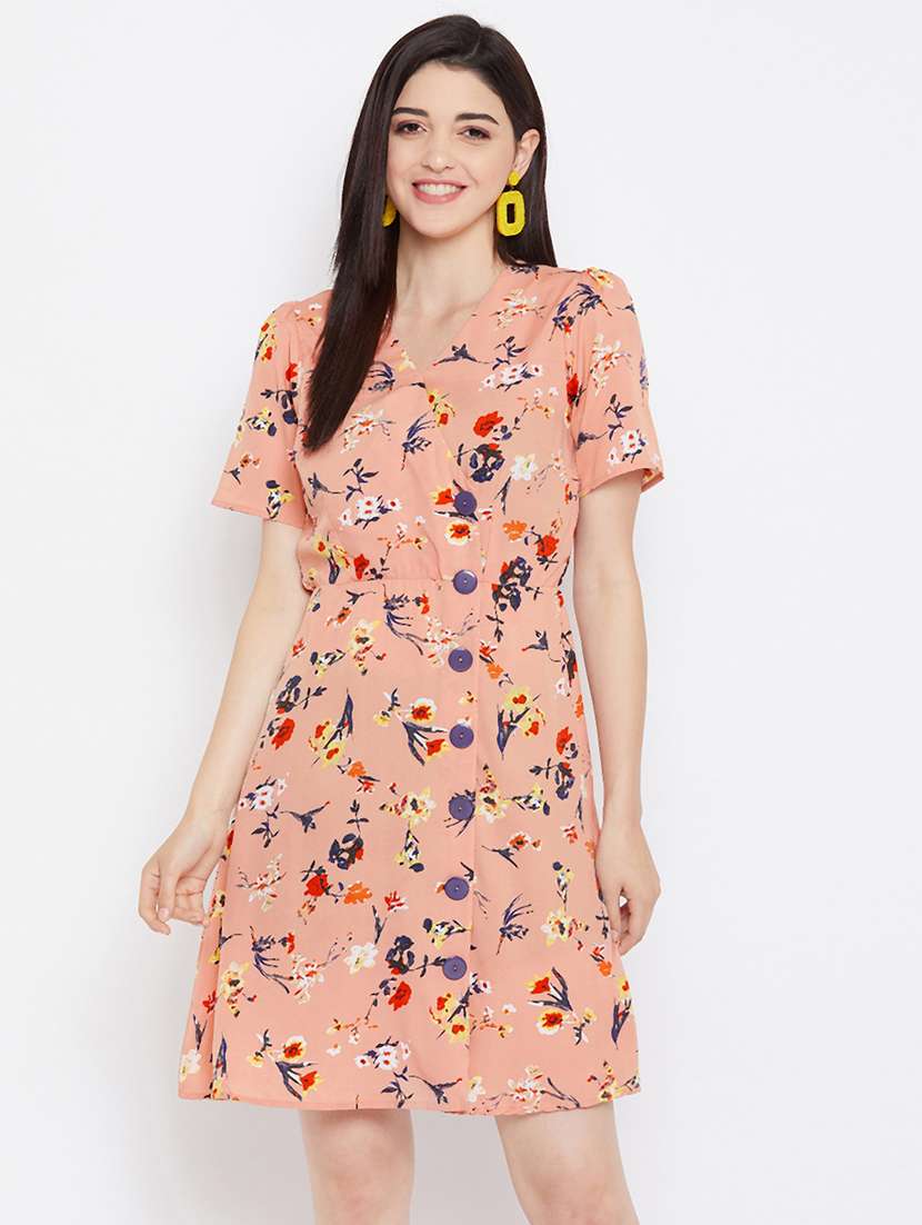 peach crepe fit & flare dress - 17583855 -  Zoom Image - 0