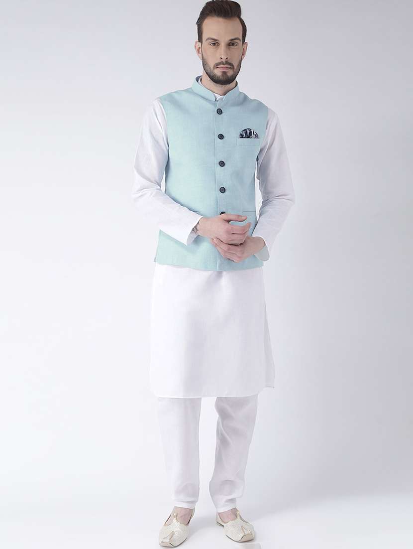 white kurta pyjama set with blue solid nehru jacket - 17585686 - Zoom Image - 0