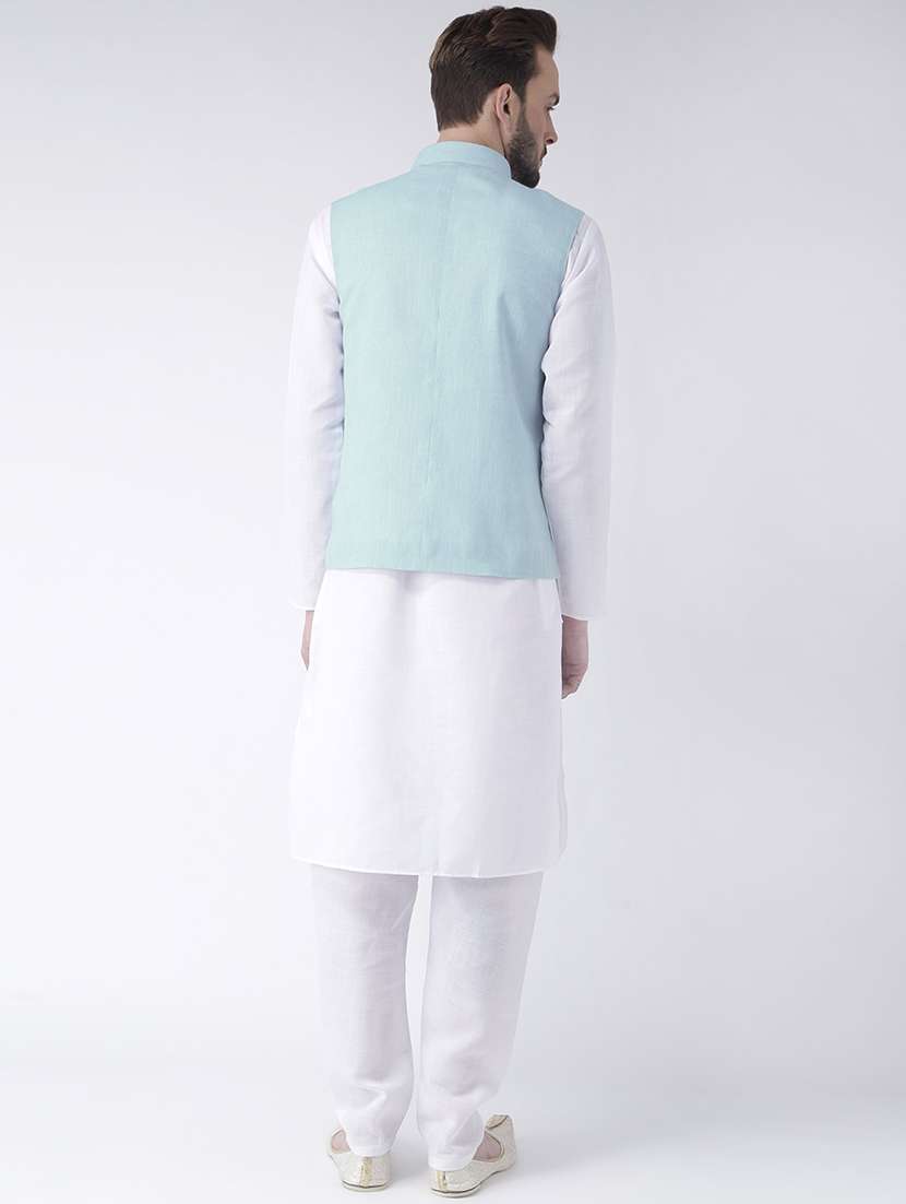 white kurta pyjama set with blue solid nehru jacket - 17585686 - Standard Image - 2