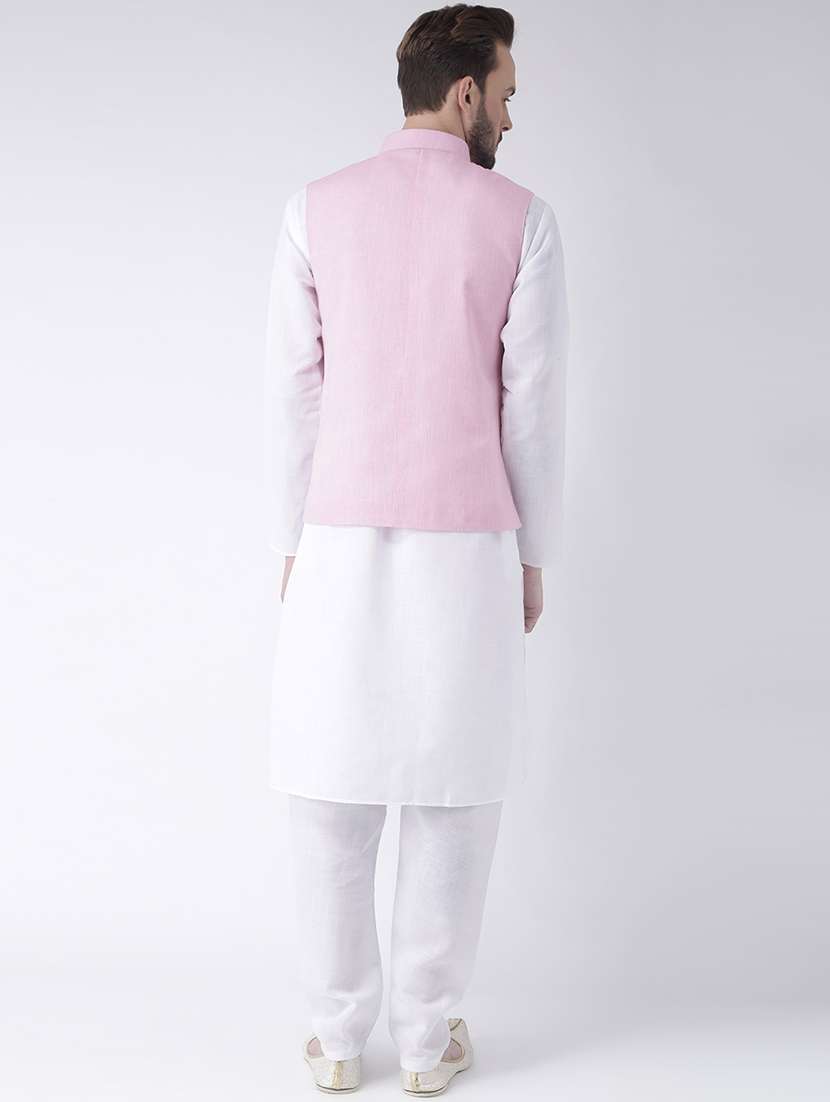 white kurta pyjama set with pink solid nehru jacket - 17585687 - Standard Image - 2
