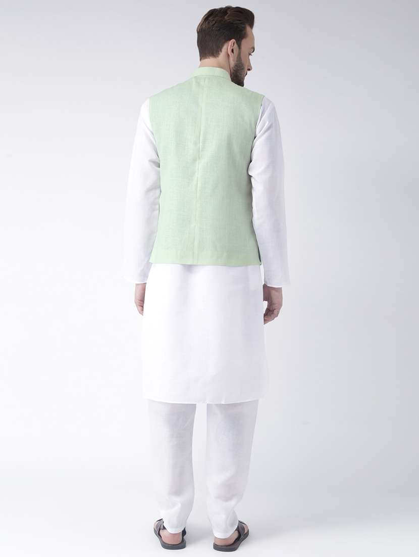 white kurta pyjama set with green solid nehru jacket - 17585690 -  Standard Image - 2