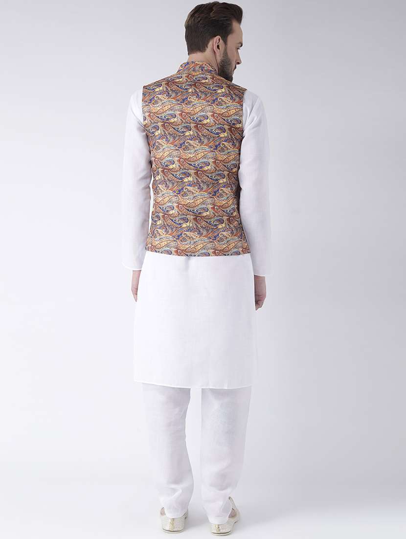 white kurta pyjama set with printed nehru jacket - 17585699 - Standard Image - 2