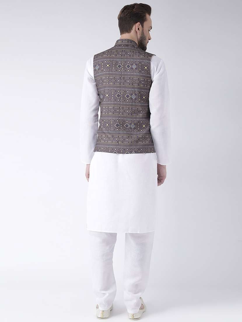 white kurta pyjama set with printed nehru jacket - 17585701 - Standard Image - 2