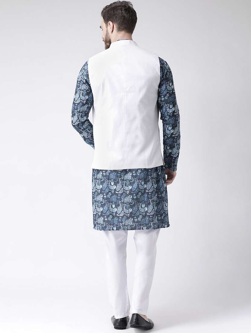 blue printed kurta pyjama set with white solid nehru jacket - 17585704 -  Standard Image - 2