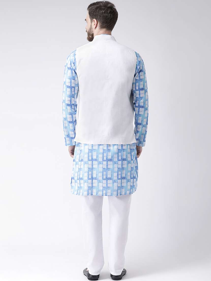 blue printed kurta pyjama set with white solid nehru jacket - 17585719 -  Standard Image - 2