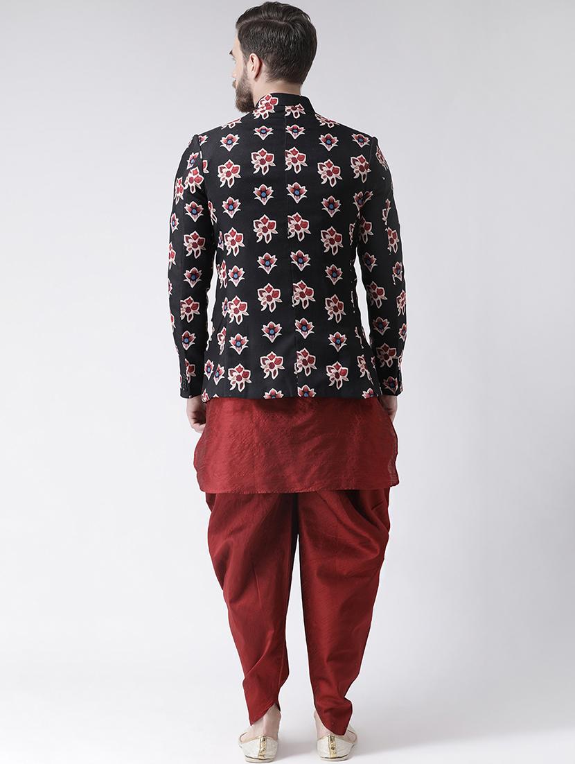 maroon solid dhoti kurta set with black printed bandhgala jacket - 17585723 - Standard Image - 2