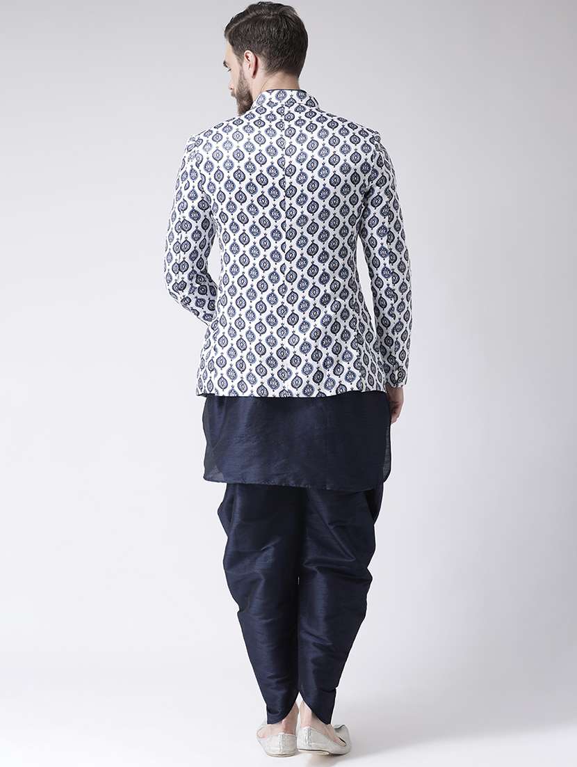 navy blue solid dhoti kurta set with printed bandhgala jacket - 17585728 -  Standard Image - 2