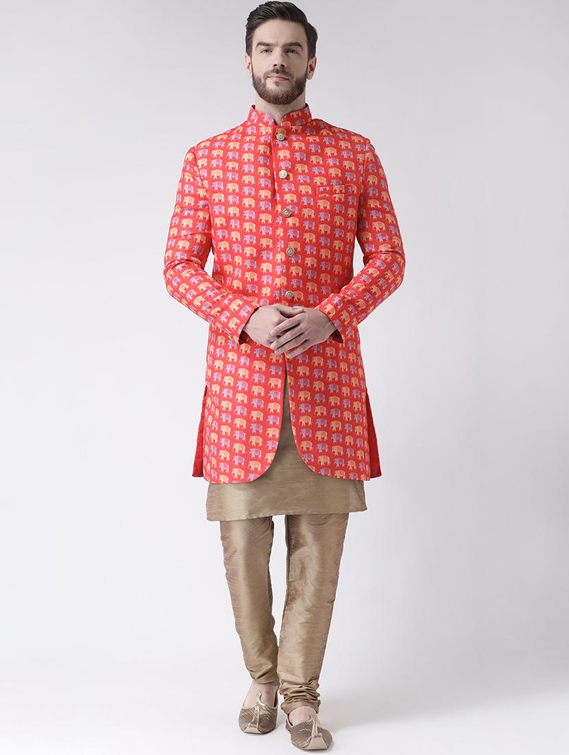 peach printed sherwani set - 17585734 -  Zoom Image - 0