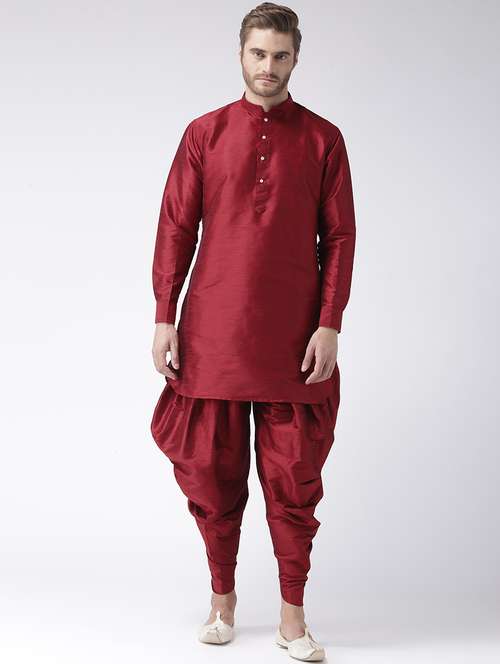 maroon dupion dhoti kurta set - 17585753 -  Standard Image - 0
