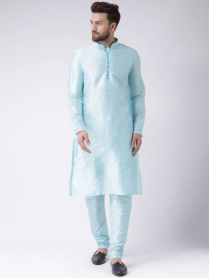 blue solid silk blend kurta pyjama set