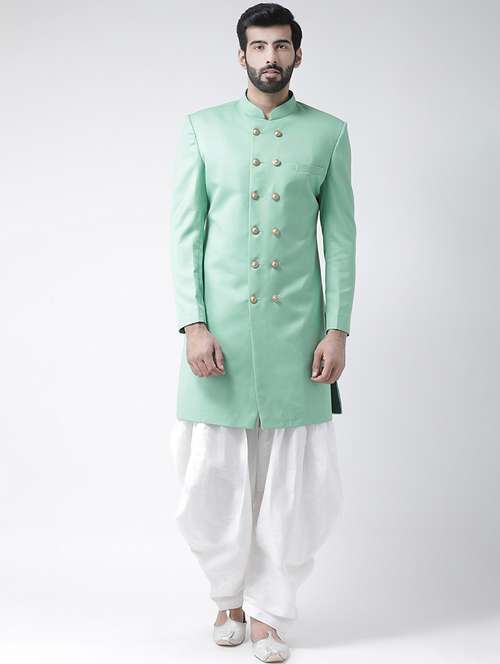 green solid sherwani set - 17585889 - Standard Image - 0