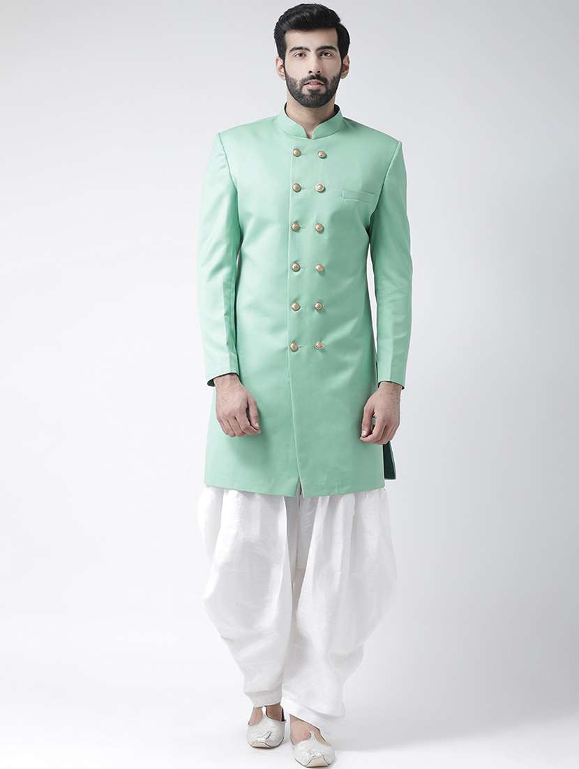 green solid sherwani set - 17585889 - Zoom Image - 0