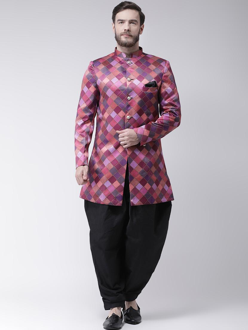 pink checkered sherwani set