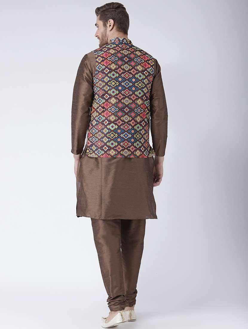 brown solid kurta pyjama set with printed nehru jacket - 17585928 - Standard Image - 2