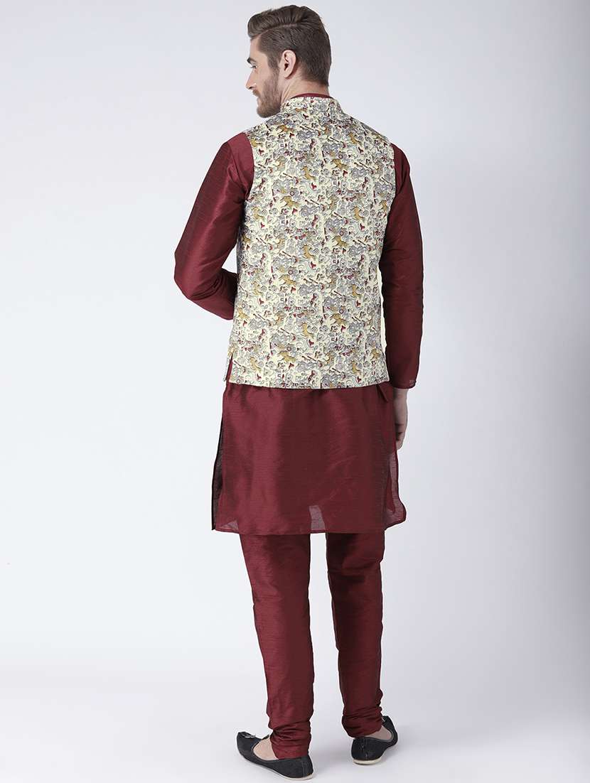 maroon solid kurta pyjama set with yellow printed nehru jacket - 17585934 - Standard Image - 2