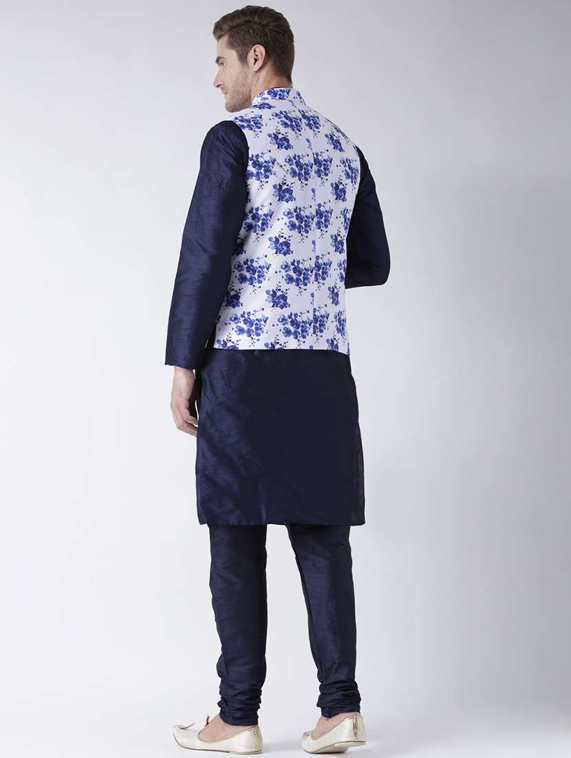 navy blue solid kurta pyjama set with printed nehru jacket - 17585948 - Standard Image - 2