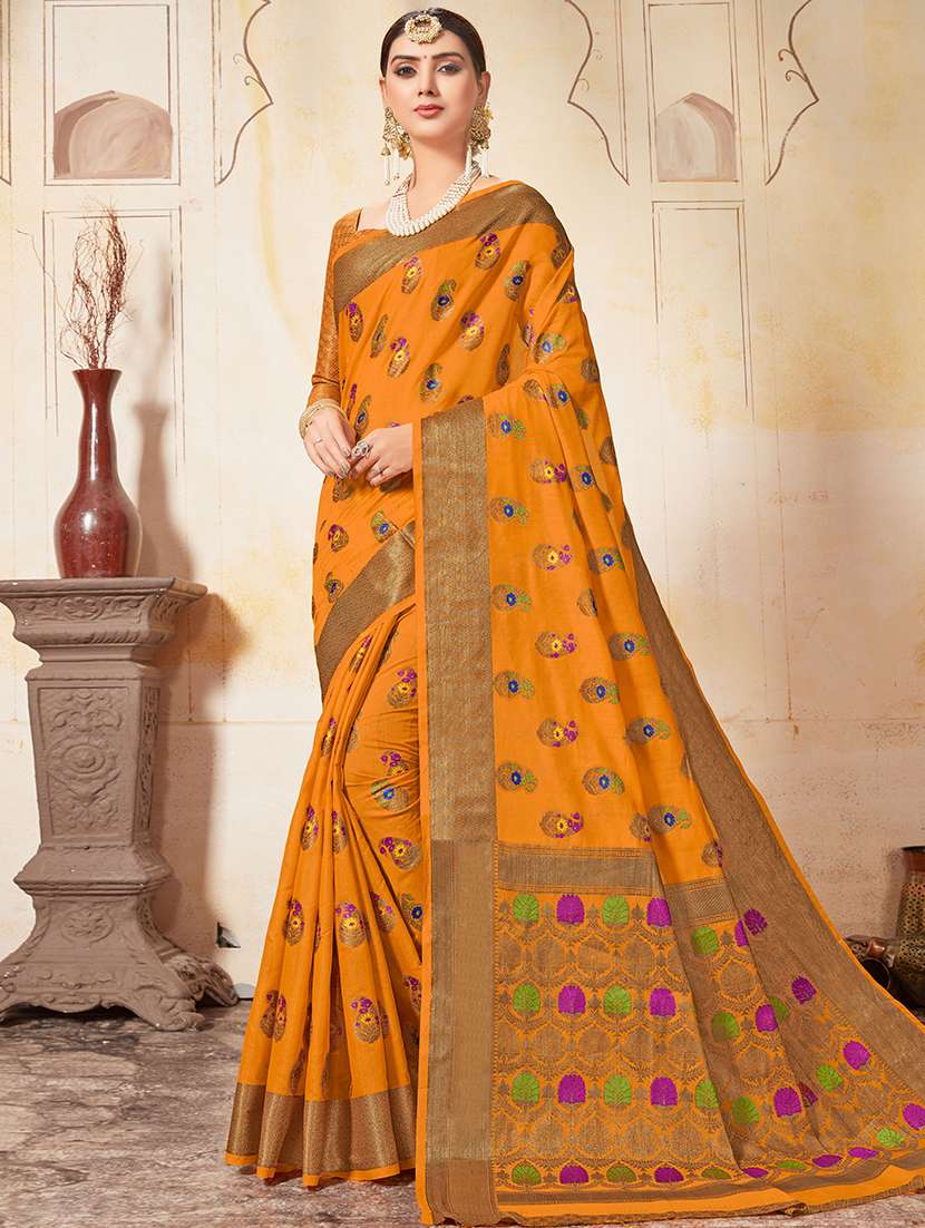 women's self design mustard colored saree with blouse