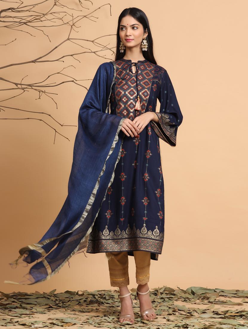 blue printed  straight kurta set