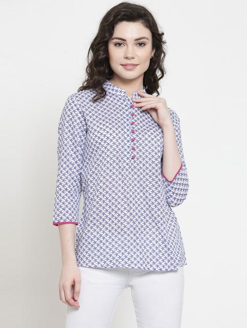 white mandarin neck printed tunic - 17589186 -  Standard Image - 0