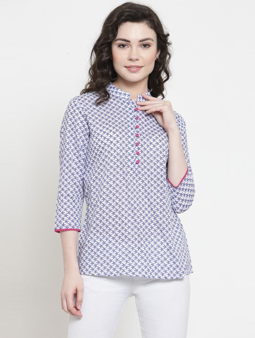 white mandarin neck printed tunic - 17589186 -  Zoom Image - 0