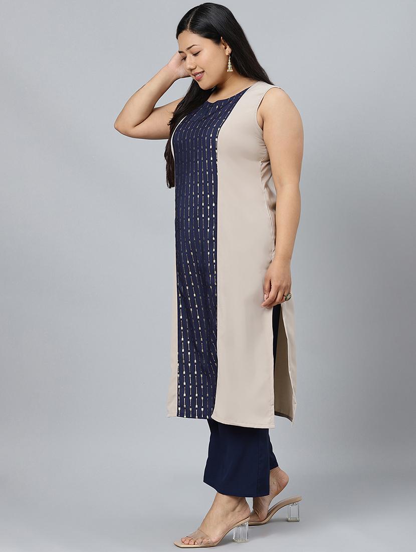 beige crepe kurta palazzo set - 17594628 - Standard Image - 2